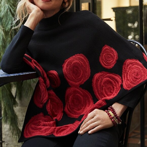 CHICO'S TRIANGLE ROSES RED BLACK SWEATER PONCHO CAPE NEW WITH TAGS XXS / XS
